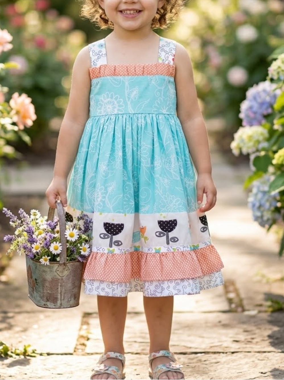 Jelly The Pug Aqua Floral Tiered ruffle Sundress Orange Trim full skirt 2t